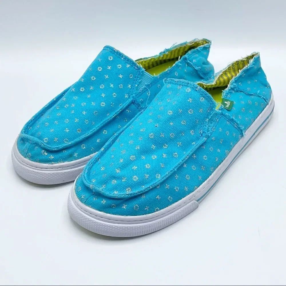 Sanuk Ocean Blue with Silver polka dots slip on canvas sneakers